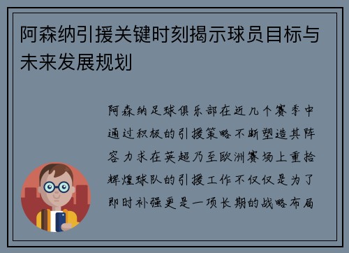 阿森纳引援关键时刻揭示球员目标与未来发展规划 阿森纳引援关键时刻揭示球员目标与未来发展规划